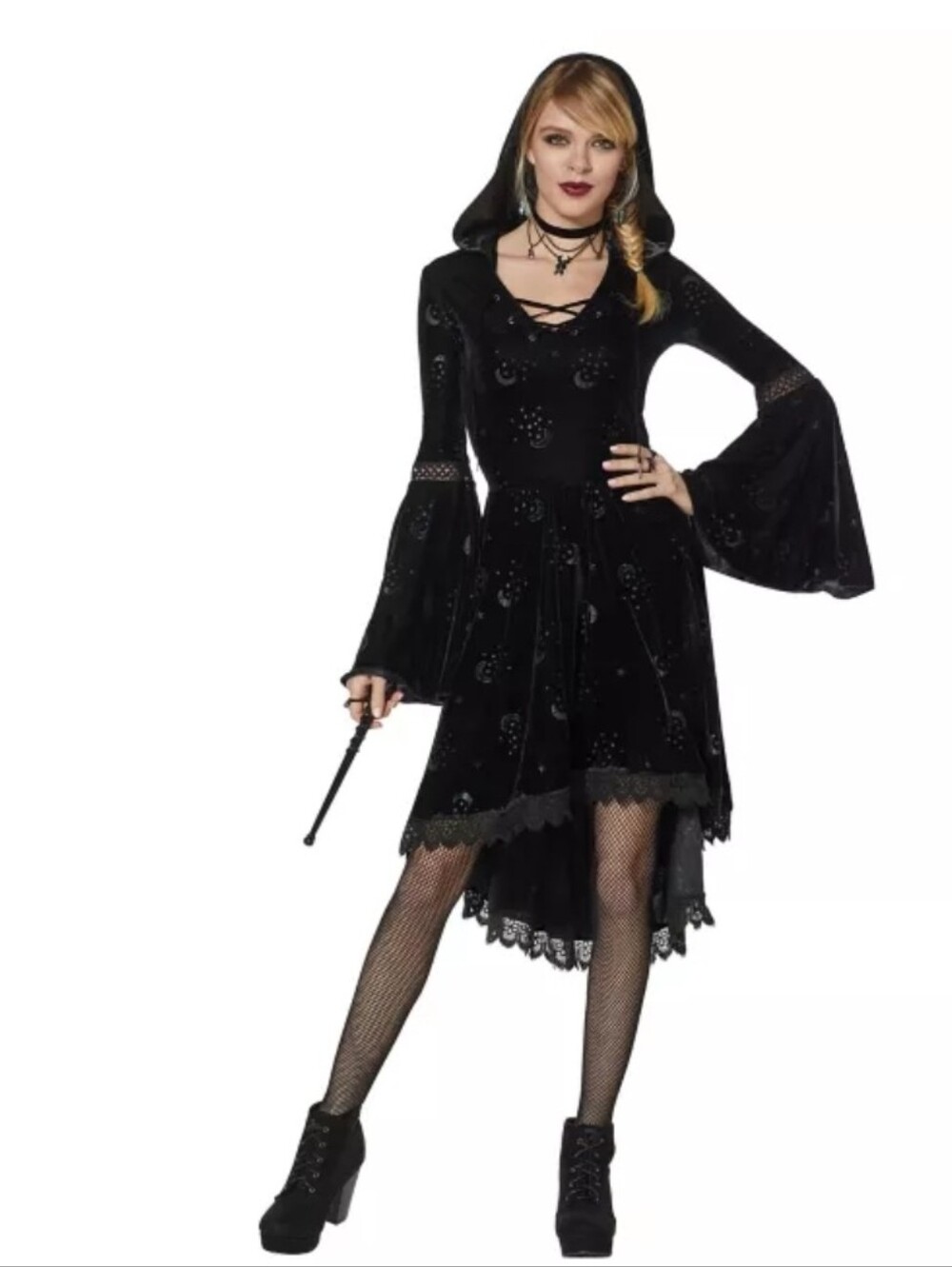 Celestial Coven Black Velvet Moon & Star Lace-Trim Hooded Dress Size Medium - Picture 2 of 11